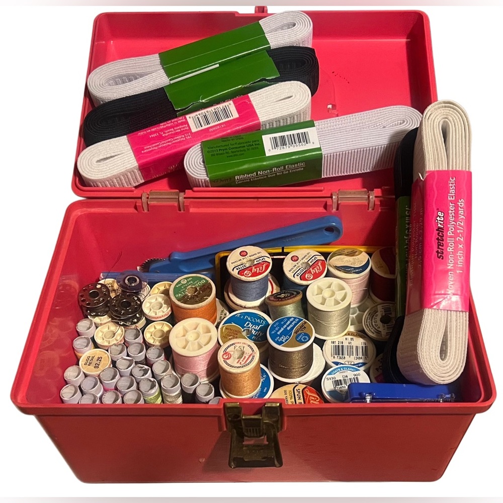Red Sewing Storage Box with Assorted Threads and supplies